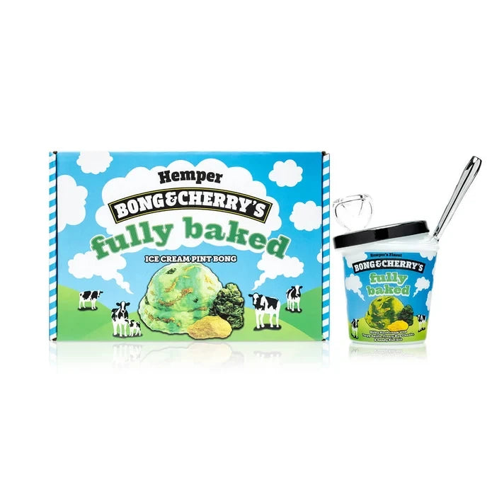 HEMPER Bong & Cherry’s Fully Baked ice cream glass bong with matching retail box on white