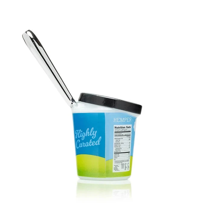 Rear view of ice cream pint glass hand pipe showing cloud artwork and vertical clear mouthpiece