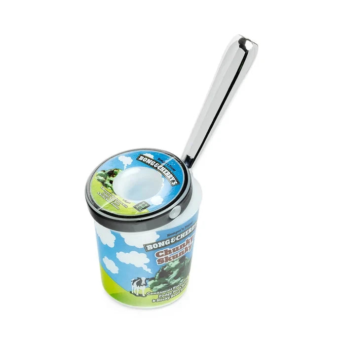 Back view of HEMPER ice cream pint hand pipe showing nutrition label artwork and upright mouthpiece