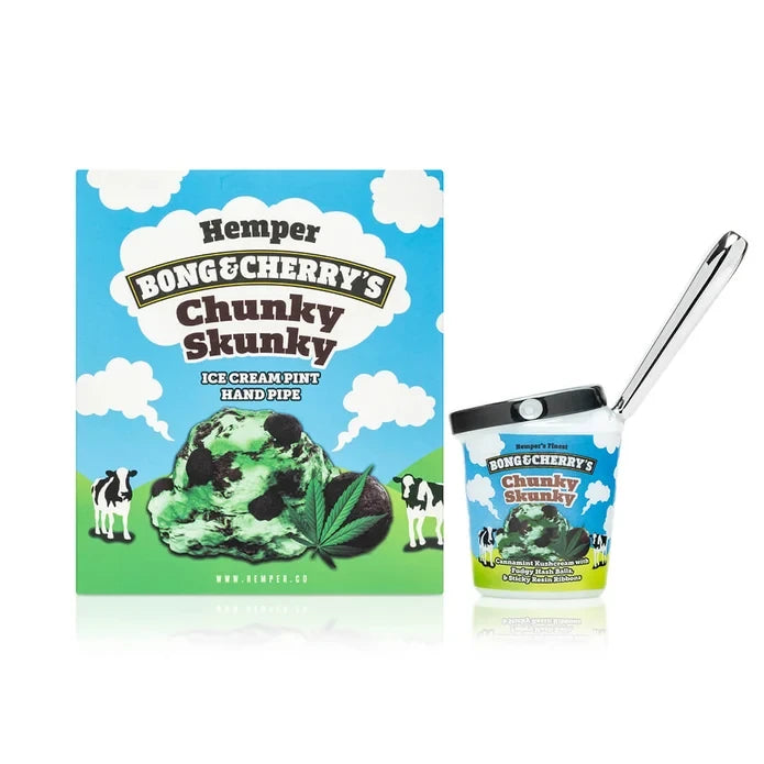 HEMPER Bong & Cherry’s ice cream hand pipe displayed beside matching Chunky Skunky retail box