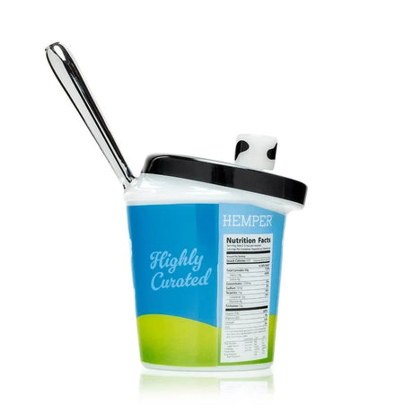 Back view of HEMPER XL glass bong with nutrition label artwork, cow-print bowl, and mouthpiece