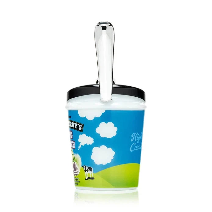Rear view of HEMPER ice cream pint XL bong with cloud artwork and vertical clear mouthpiece