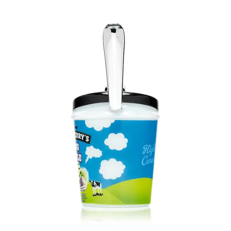 Rear view of HEMPER ice cream pint XL bong with cloud artwork and vertical clear mouthpiece