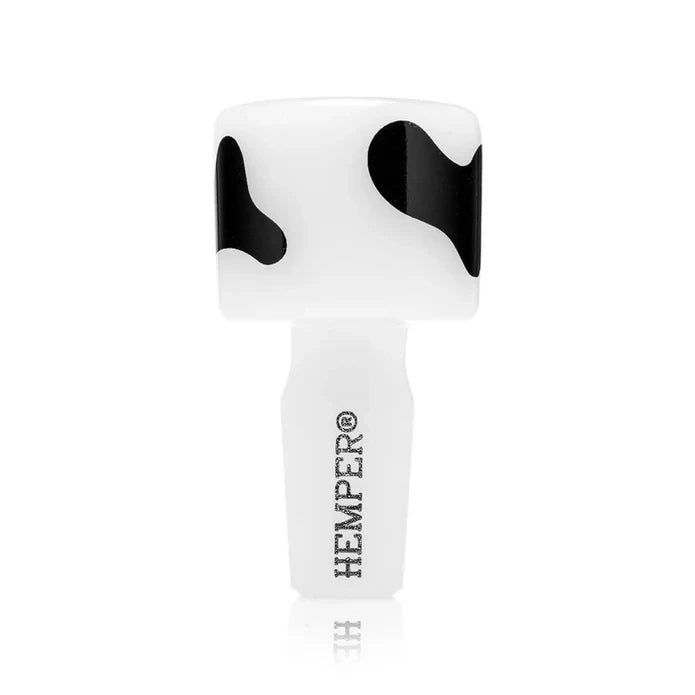 White cow-print HEMPER glass bowl for Bong Ripple XL bong with black spot accents