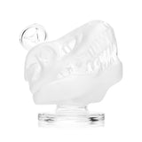 Close side profile of frosted T-rex skull Hemper glass bong showing detailed clear teeth, recessed 14.5 mm bowl joint and round base on white.