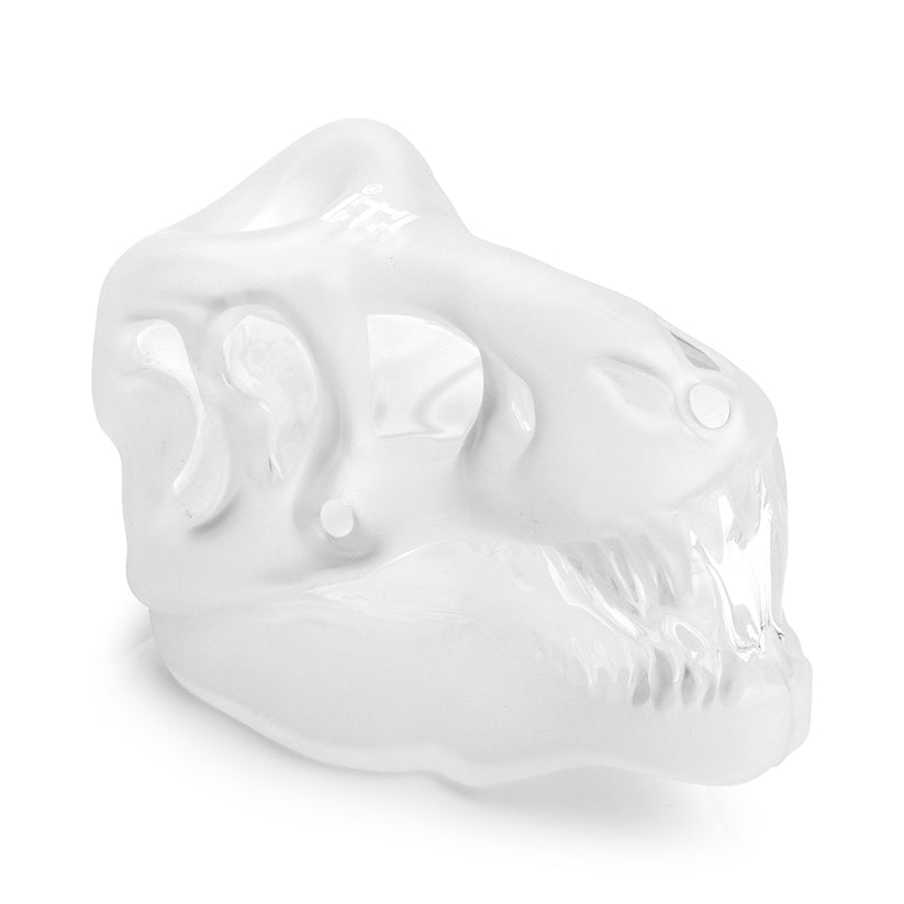 Angled close-up of frosted glass T-Rex skull hand pipe with clear teeth and hollow eye details emphasizing the sculpted bowl area.