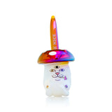 White Nermal mushroom glass hand pipe with amber cap bowl and curved amber mouthpiece