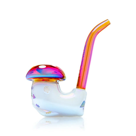 Opposite side of Nermal mushroom glass hand pipe with pink-amber mouthpiece and white body