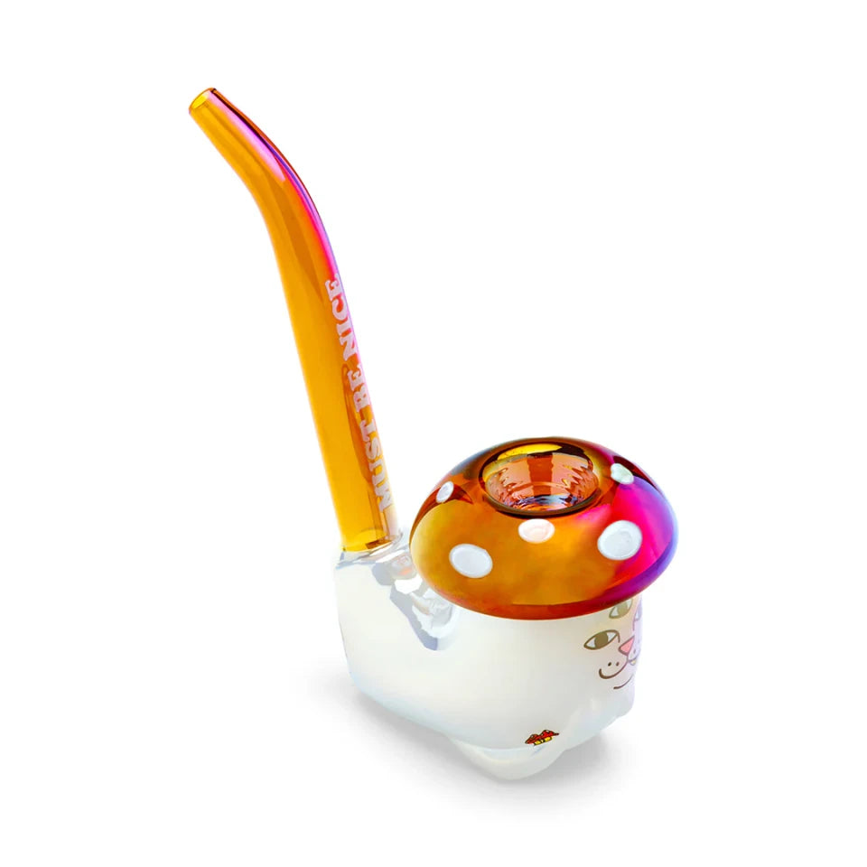 Top view of Enlightened Nermal glass hand pipe with white-spotted amber mushroom cap bowl