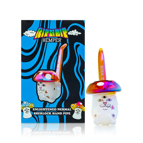 RIPNDIP x HEMPER sherlock hand pipe beside blue-and-black retail box with Nermal artwork