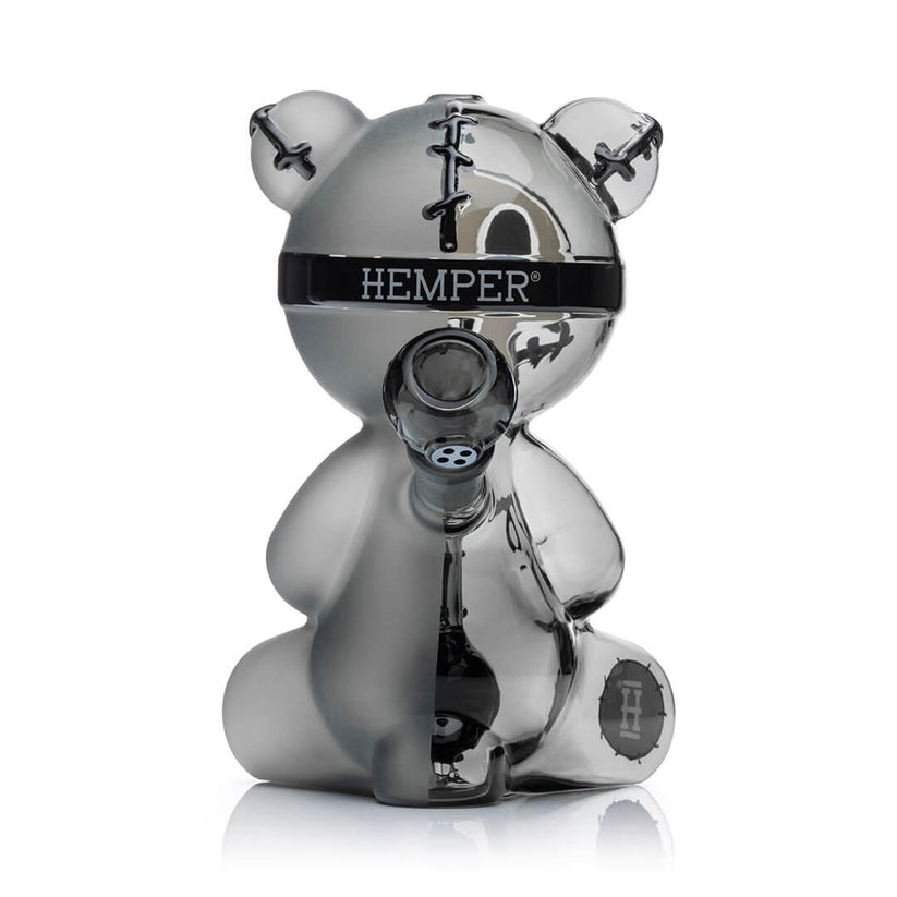 Rear view of Hemper Scare Bears Teddy Bear XL bong with stitched headband, Hemper logo and flared mouthpiece, studio shot on white background.