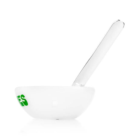 Side view of Weedies glass hand pipe with angled clear mouthpiece and green logo detail