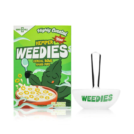 Hemper Weedies cereal bowl hand pipe beside green retail box with clear upright mouthpiece