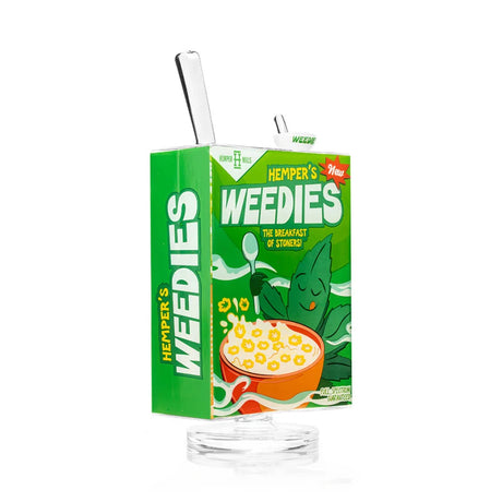 Angled rear view of HEMPER Weedies XL bong showing flat-sided body and cereal box details