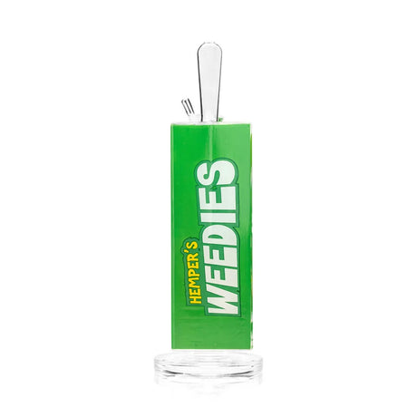 Side view of green Weedies cereal box glass bong with clear angled mouthpiece and white bowl