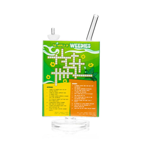 Back view of green cereal box bong with playful breakfast graphics and clear mouthpiece