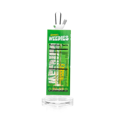 Side view of green Weedies cereal box glass bong with clear angled mouthpiece and white bowl