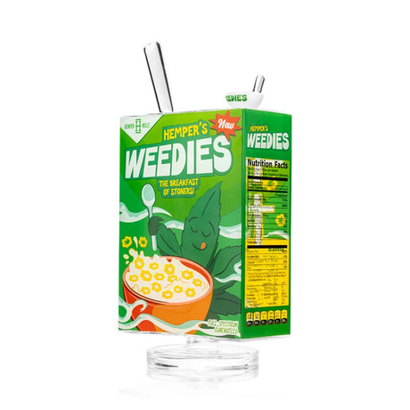Front view of Weedies Cereal Box XL glass bong with large green body and white bowl