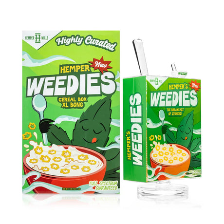 Angled rear view of HEMPER Weedies XL bong showing flat-sided body and cereal box details
