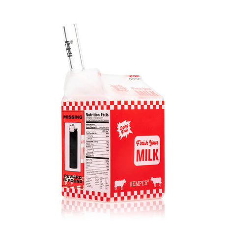 Angled rear view of red milk carton glass bong with clear side bowl and checkerboard graphics