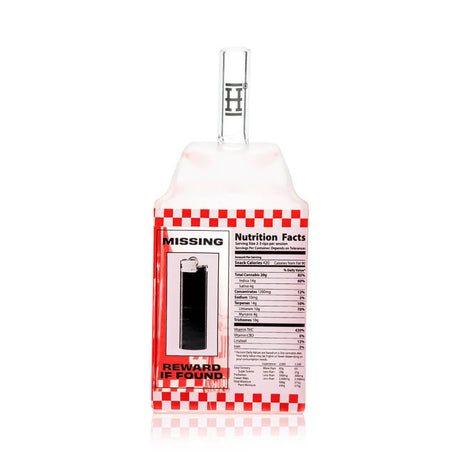 Back view of Weedies milk carton bong with missing-carton artwork and nutrition facts graphic