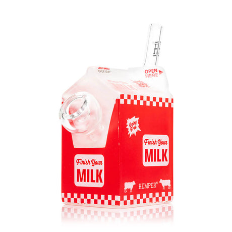 Angled rear view of red milk carton glass bong with clear side bowl and checkerboard graphics