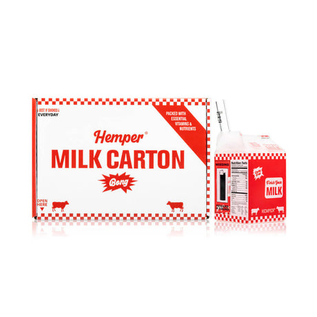 HEMPER Weedies Milk Carton bong beside red-and-white retail box with bold carton branding