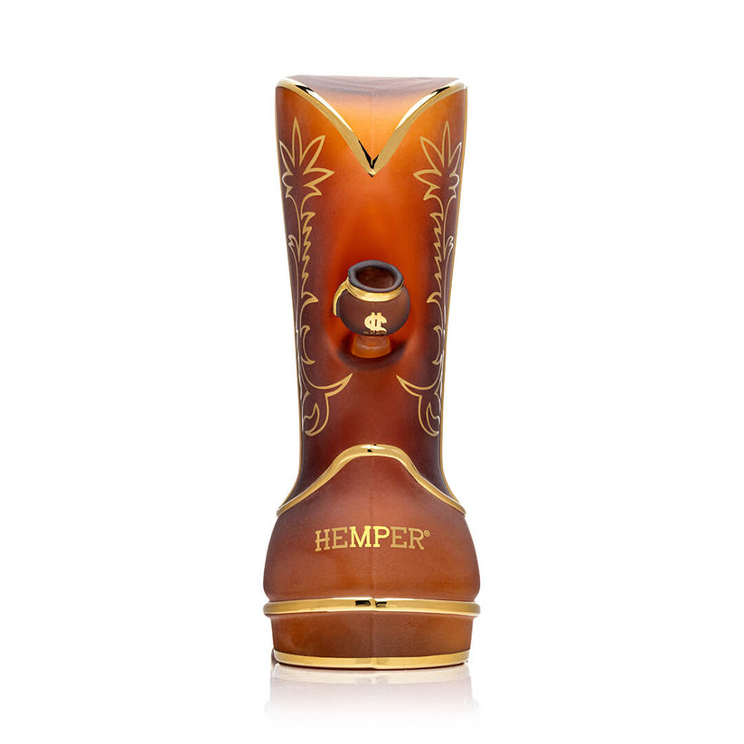 Rear angle of Hemper Wild West Cowboy Boot XL bong with branded money bag bowl on the side and bold Hemper logo across the back of the heel.