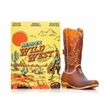 Front view of Hemper Wild West cowboy boot bong next to illustrated “Wild West” gift box, ready-for-display shot for standout novelty water pipe.