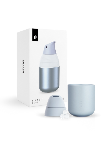 Puffco Proxy Core Haze kit with box, light blue base cup, white cap, and ceramic terp pearls