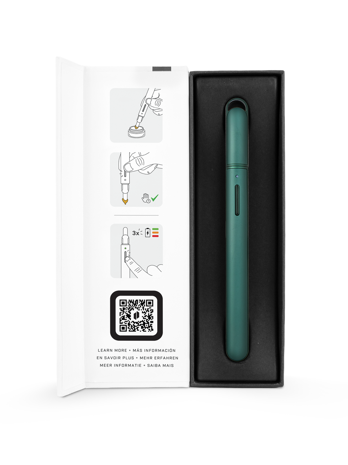 Pine Puffco Hot Knife displayed in open retail box with illustrated quick-start guide and tray