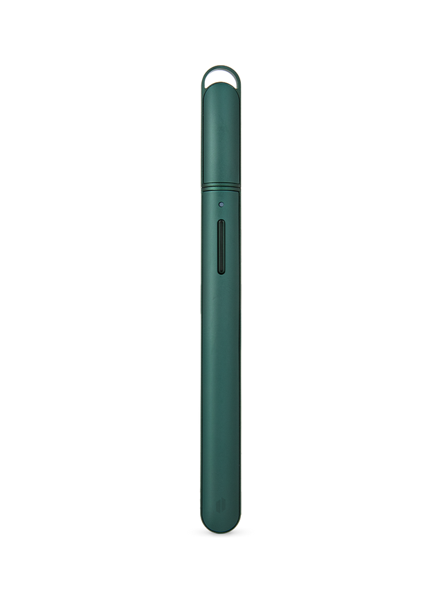 Pine Puffco Hot Knife heated loading tool with cap on, slim green body, button, and lanyard loop