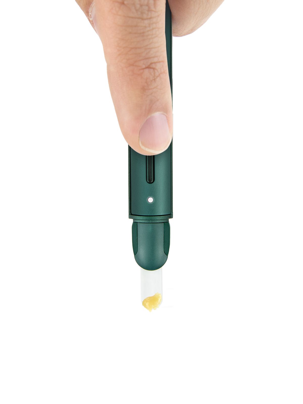 Pine Puffco Hot Knife held above concentrate with ceramic tip exposed and button visible