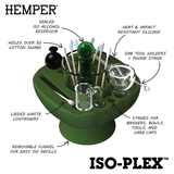 Feature callout graphic of green Hemper IsoPlex showing labeled ISO reservoir, dab tool holders, waste containers and removable funnel.