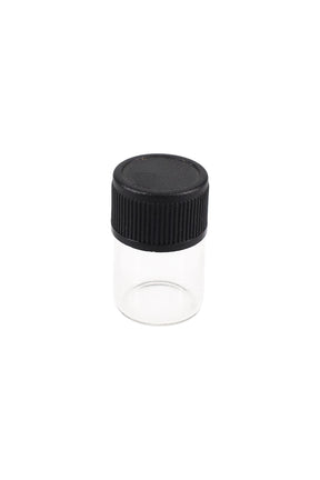 Clear glass sample vial with ribbed black twist-on cap, 1 mL capacity, centered on clean white background front view