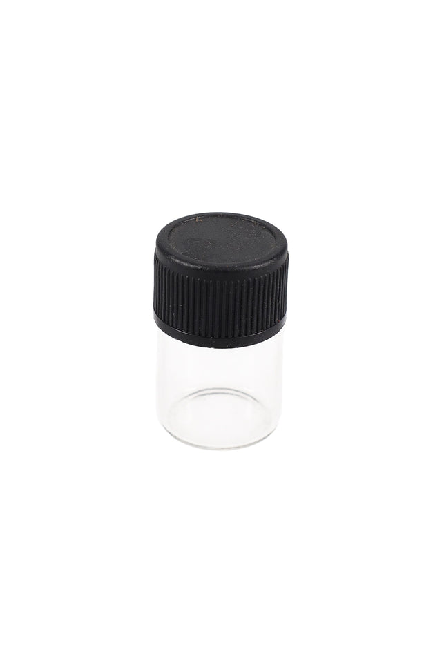 Clear glass sample vial with ribbed black twist-on cap, 1 mL capacity, centered on clean white background front view