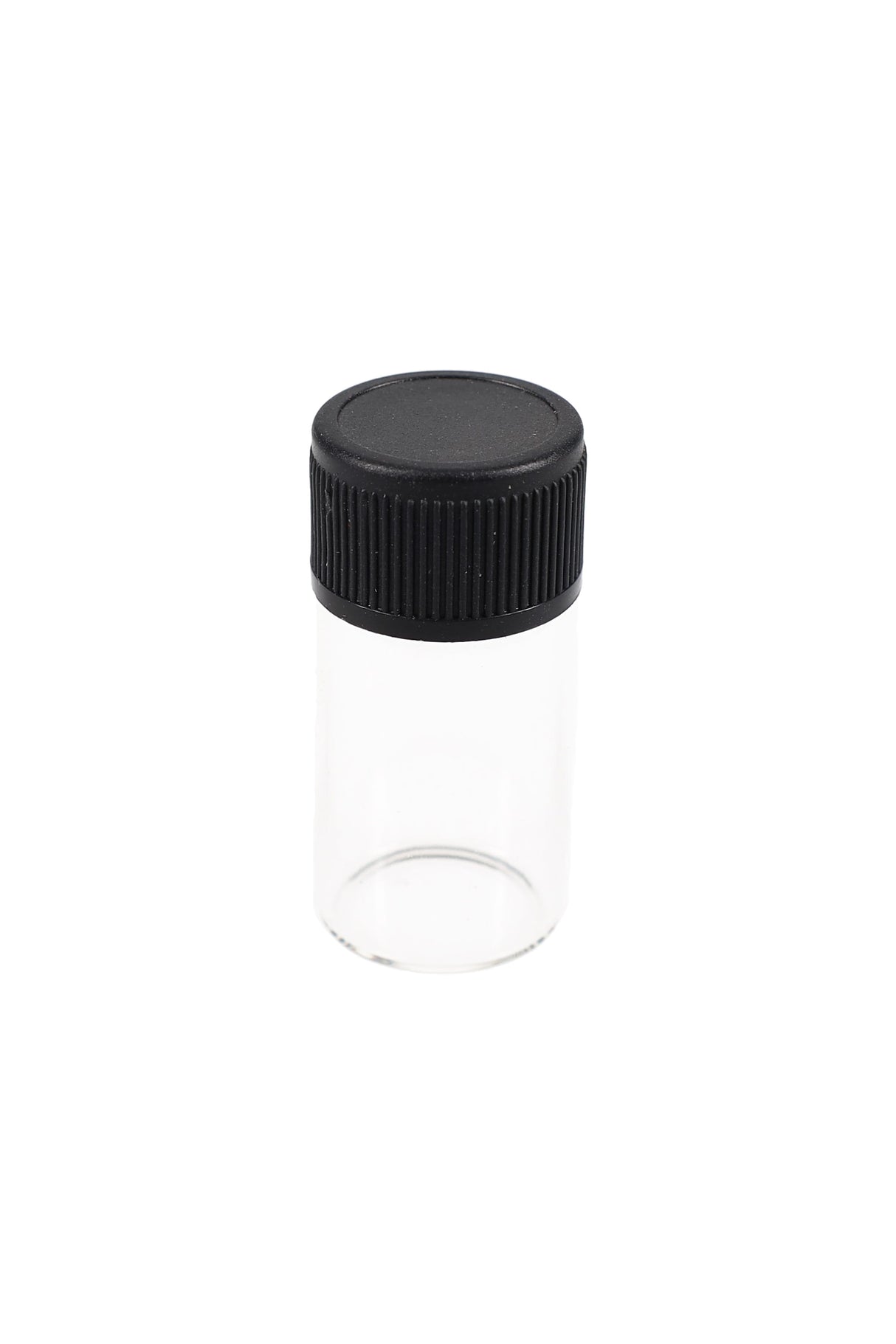2.5 mL clear glass vial with black ribbed screw cap shown upright on white backdrop for scale and clarity