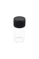 2.5 mL clear glass vial with black ribbed screw cap shown upright on white backdrop for scale and clarity