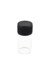 2.5 mL clear glass vial with black ribbed screw cap shown upright on white backdrop for scale and clarity