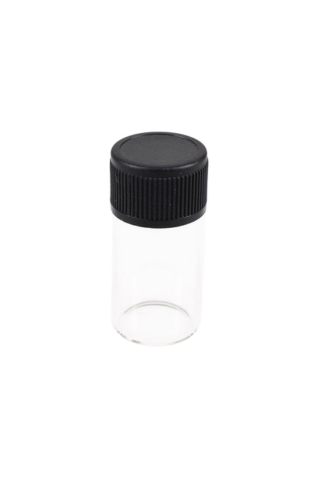 2.5 mL clear glass vial with black ribbed screw cap shown upright on white backdrop for scale and clarity