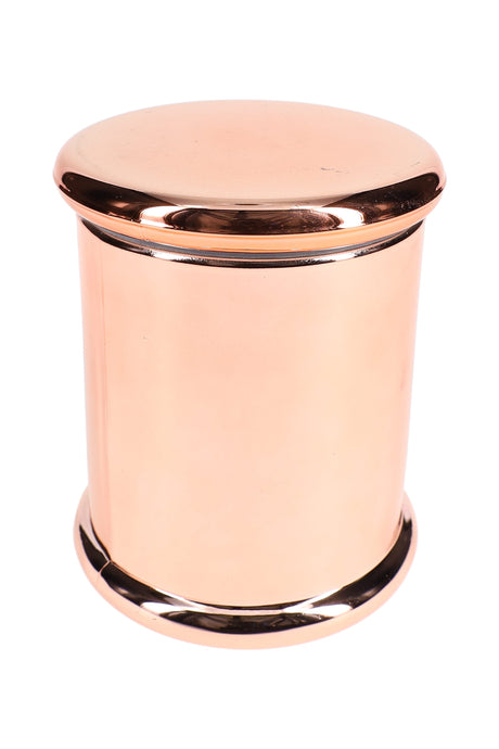 Copper-tone large glass storage jar with reflective metallic finish and snug flat lid, centered on white backdrop for full product view