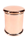 Copper-tone large glass storage jar with reflective metallic finish and snug flat lid, centered on white backdrop for full product view