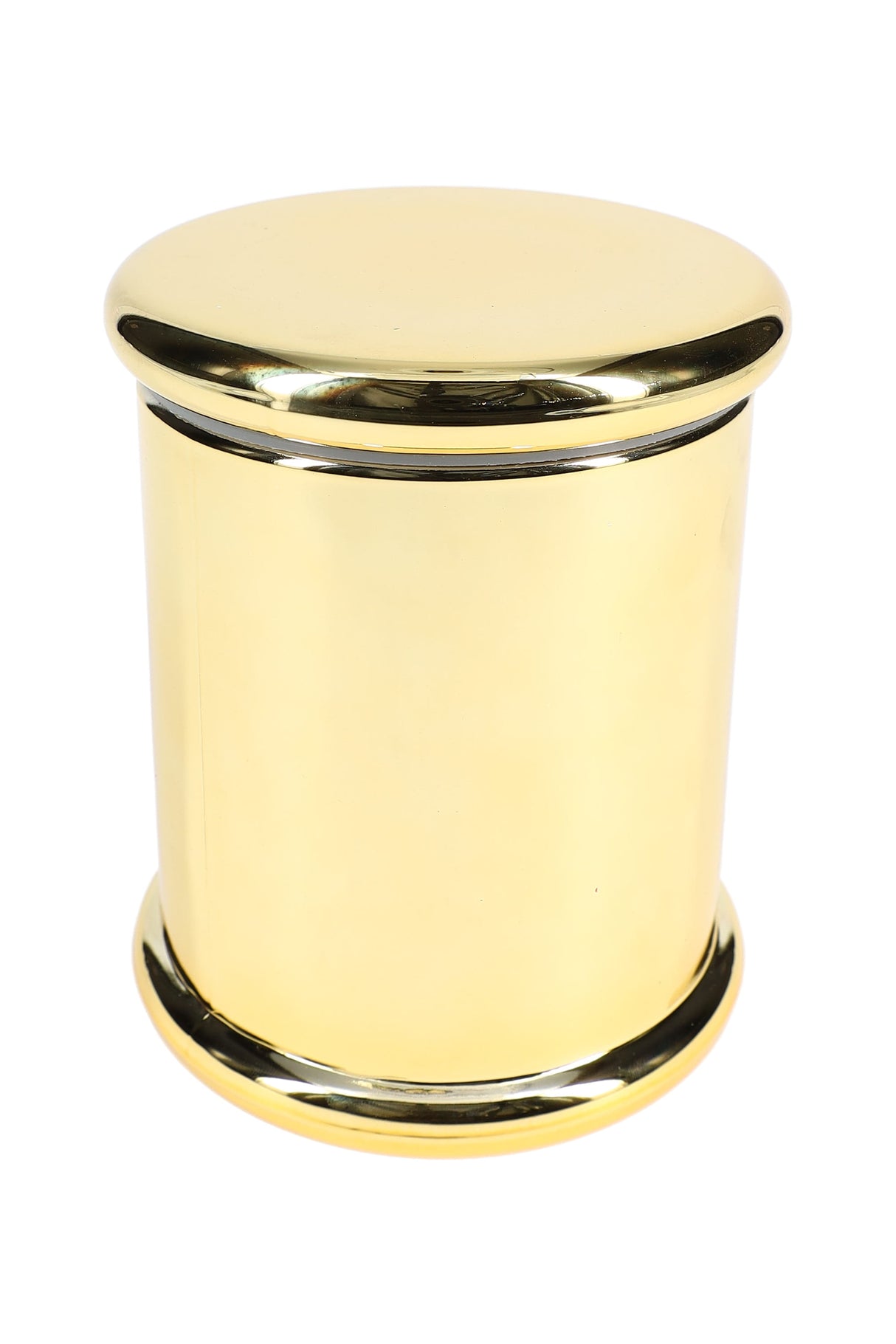 Polished gold colored glass jar, 4 inches tall, showing seamless cylindrical body and matching lid against white surface