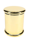Polished gold colored glass jar, 4 inches tall, showing seamless cylindrical body and matching lid against white surface