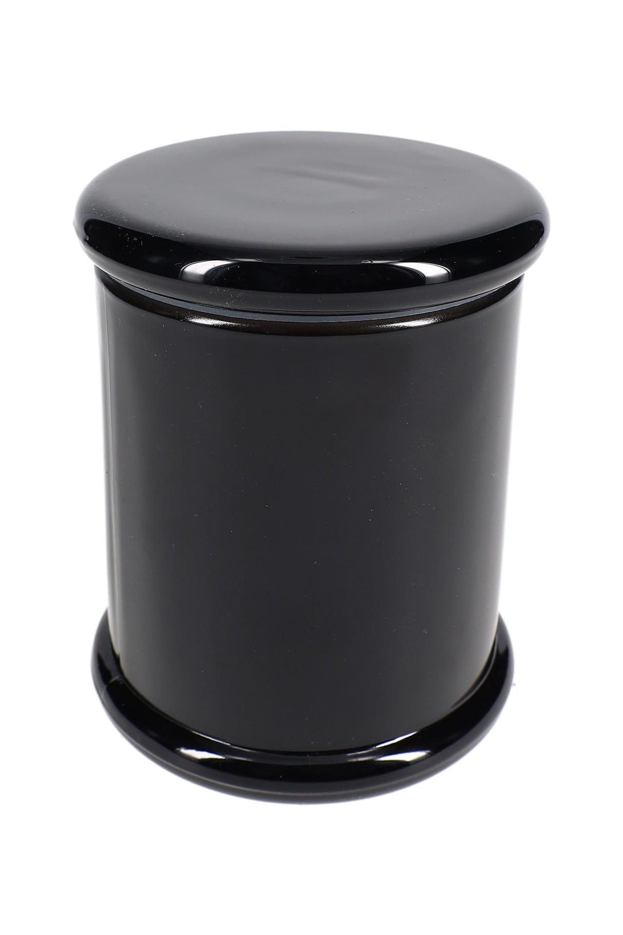 Sleek black large glass jar with glossy opaque coating and flat lid, isolated on white background for minimalist aesthetic
