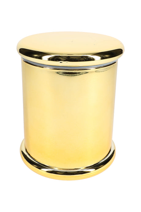 Polished gold XL glass jar highlighting lustrous metallic coating and wide base, photographed on white surface
