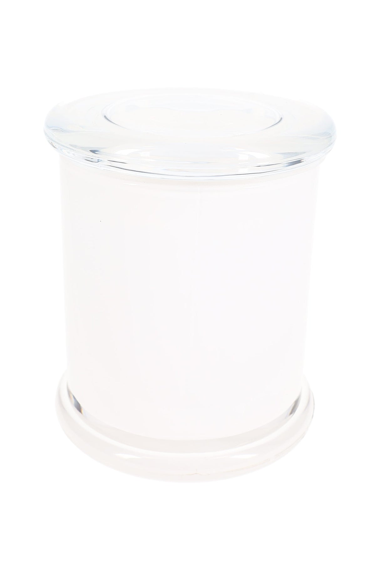 Opaque white XL glass jar with clear flat lid and smooth cylindrical silhouette, isolated on white background