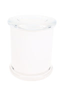 Opaque white XL glass jar with clear flat lid and smooth cylindrical silhouette, isolated on white background