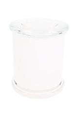 Opaque white XL glass jar with clear flat lid and smooth cylindrical silhouette, isolated on white background