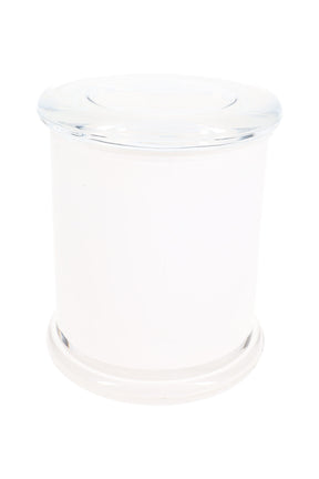 Opaque white XL glass jar with clear flat lid and smooth cylindrical silhouette, isolated on white background
